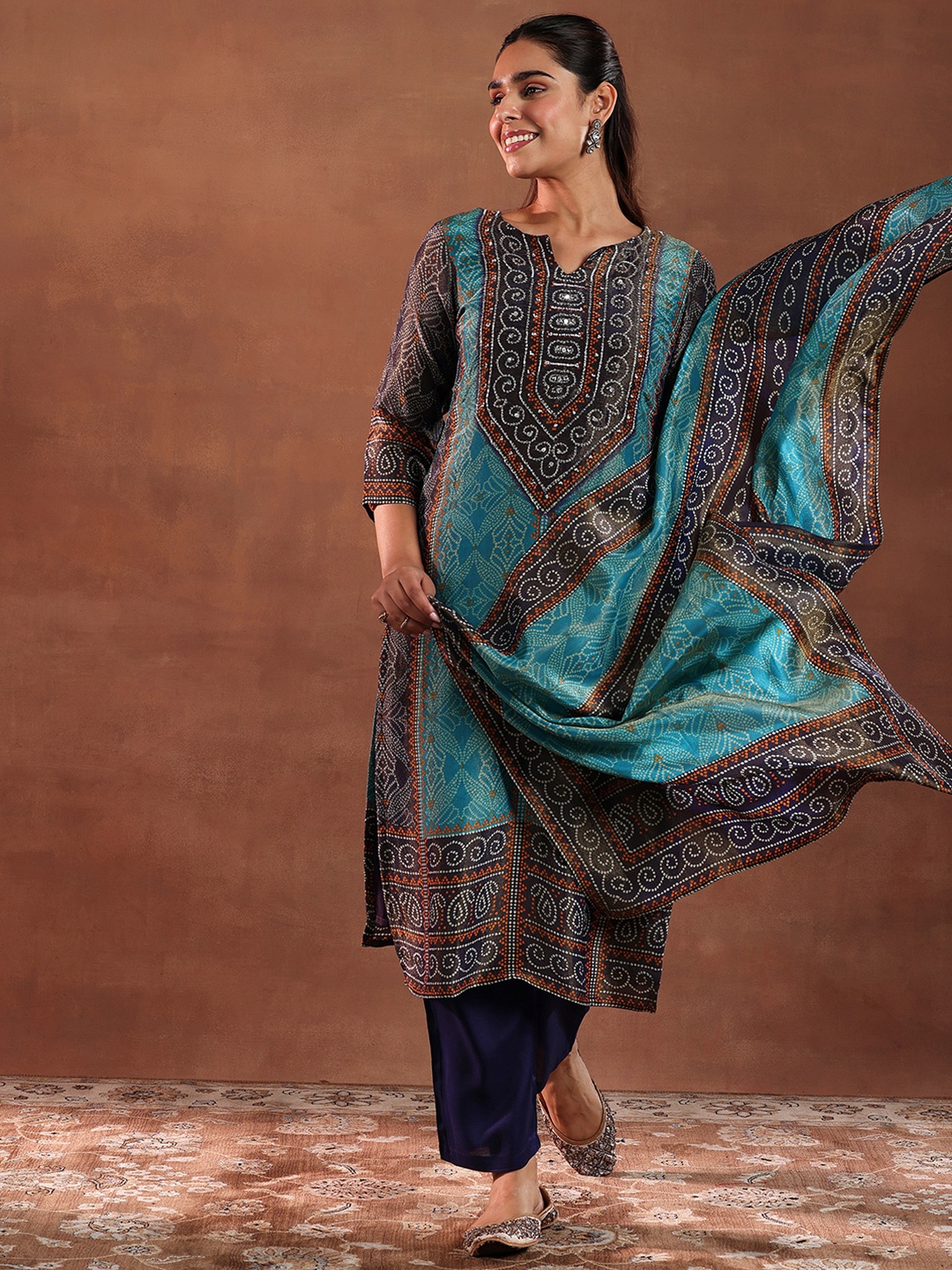 

Libas Blue Bandhani Printed Beads and Stones Straight Kurta with Trouser & Dupatta