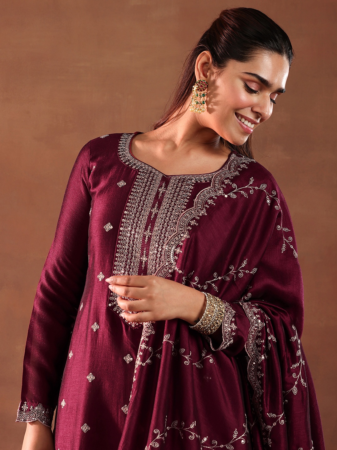 

Libas Maroon and Silver Floral Embroidered Sequinned Kurta with Trousers & Dupatta