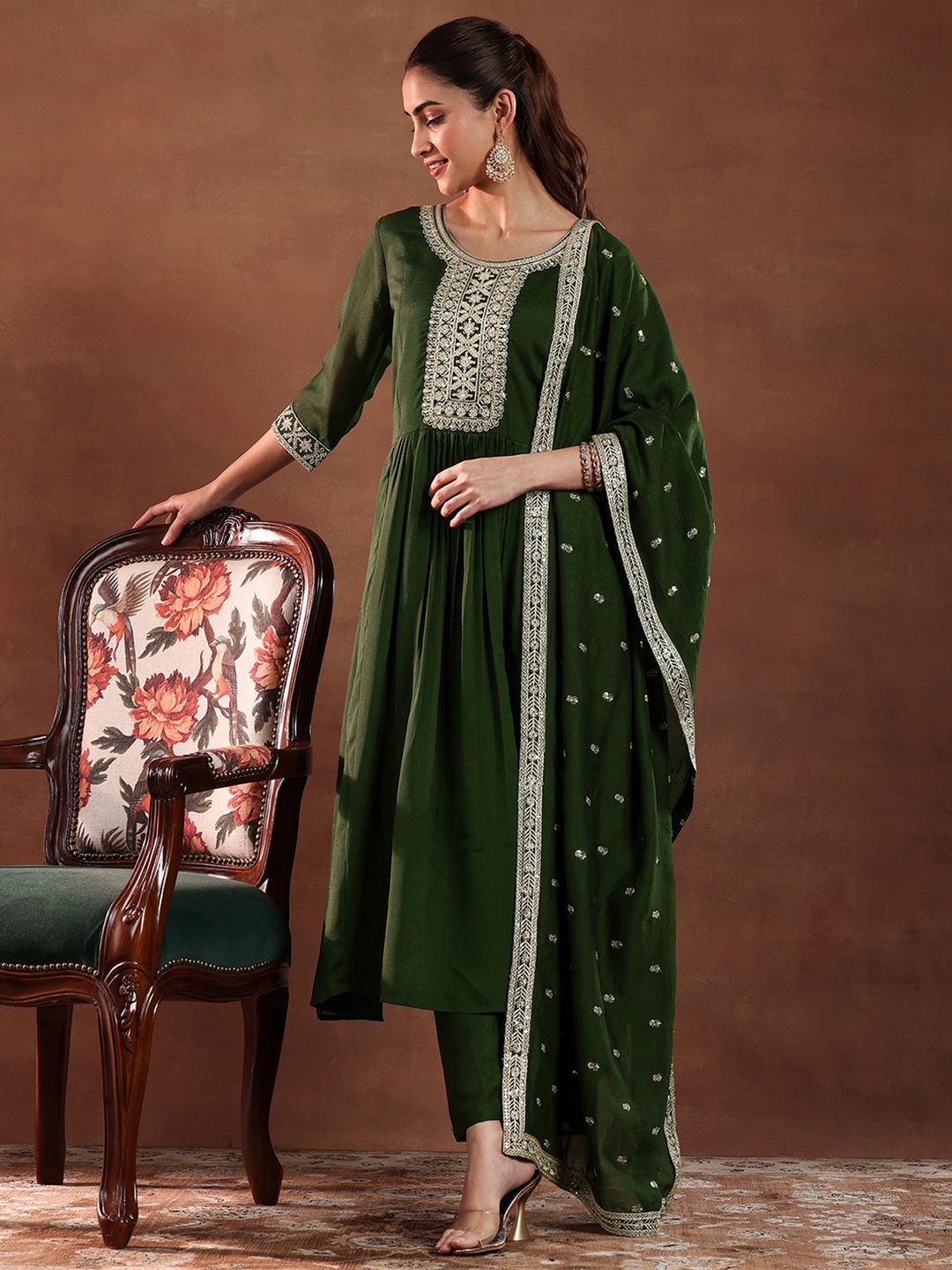 

Libas Green and Silver Floral Zari Yoke Design Pleated A-Line Kurta with Trouser & Dupatta