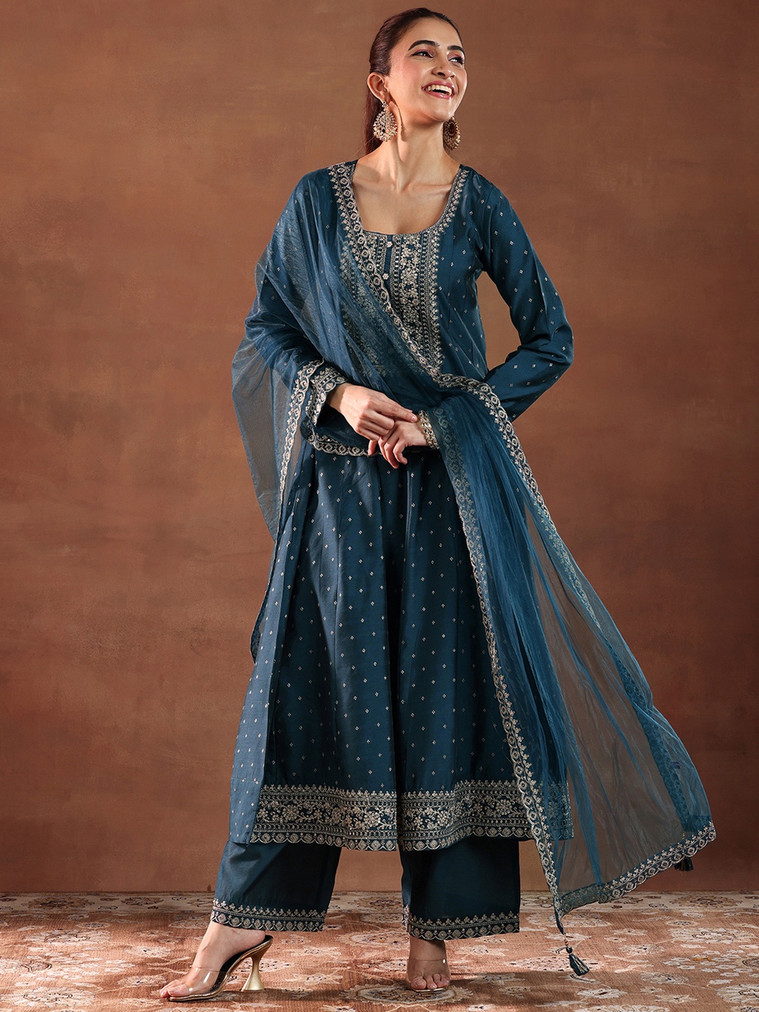 

Libas Teal Blue Ethnic Motifs Embroidered Chanderi Silk Kurta with Trouser & Dupatta