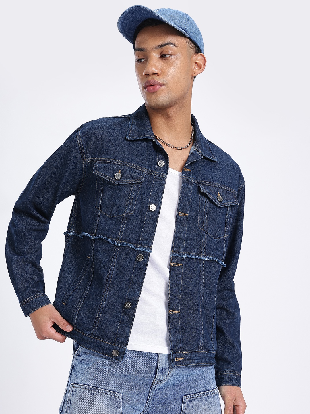 

glitchez Denim Frayed Detail Jacket, Navy blue