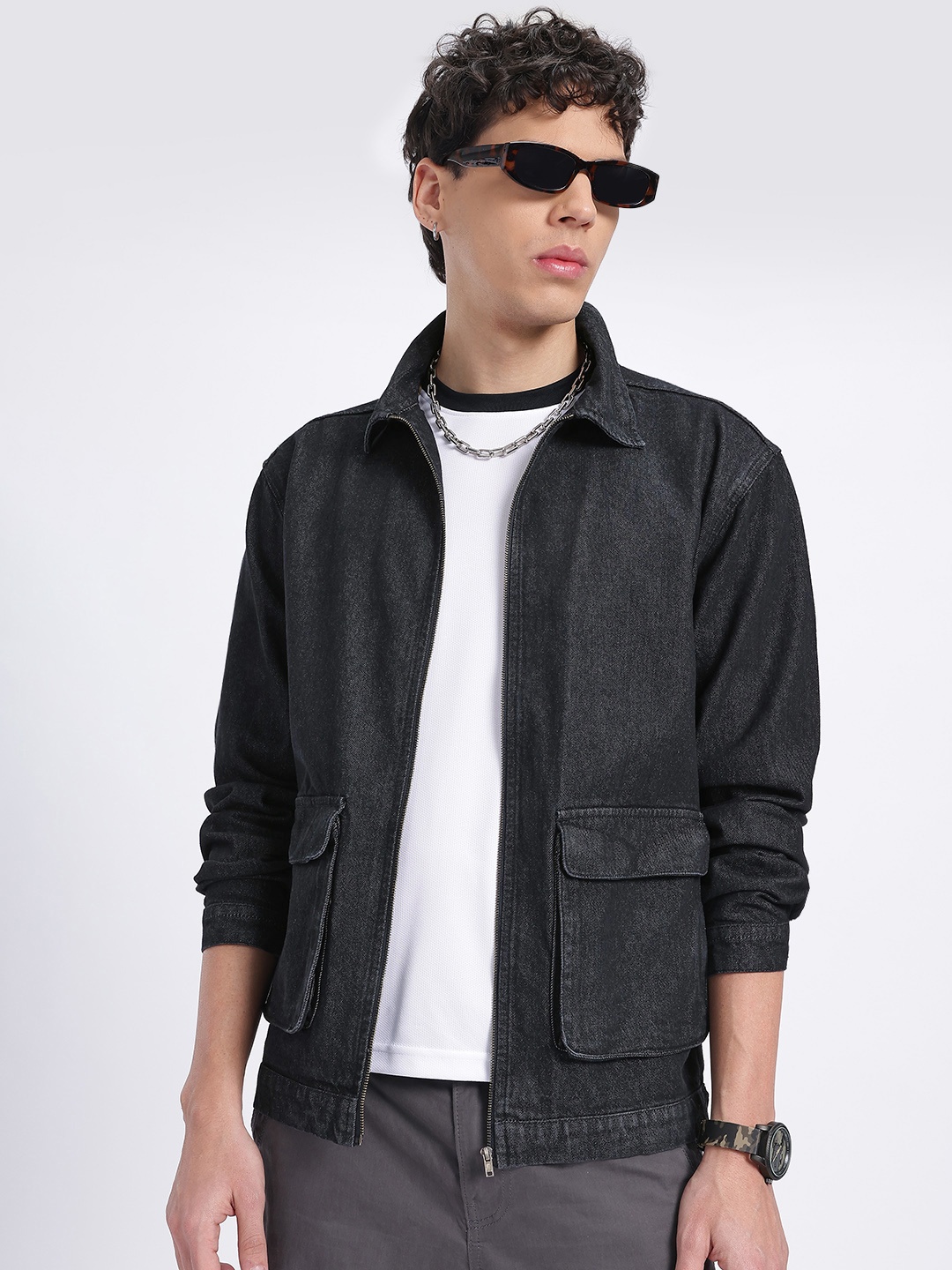 

glitchez Slay-y Pockets Mock Collar Pure Cotton Denim Jacket, Charcoal