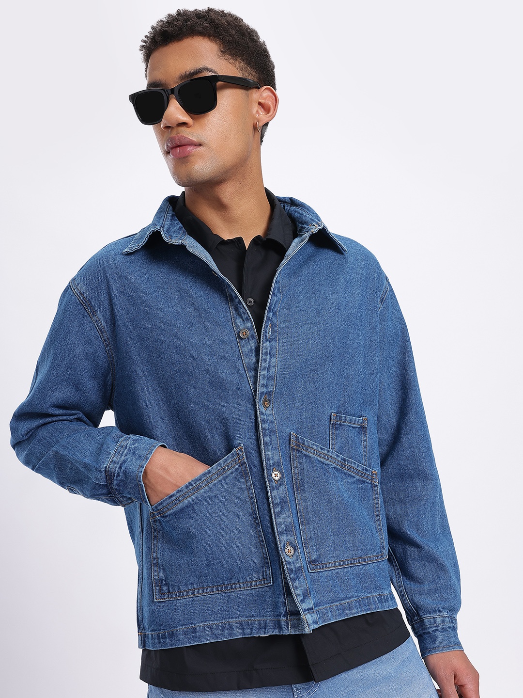 

glitchez Pocketed Pioneer Button Up Denim Jacket, Blue