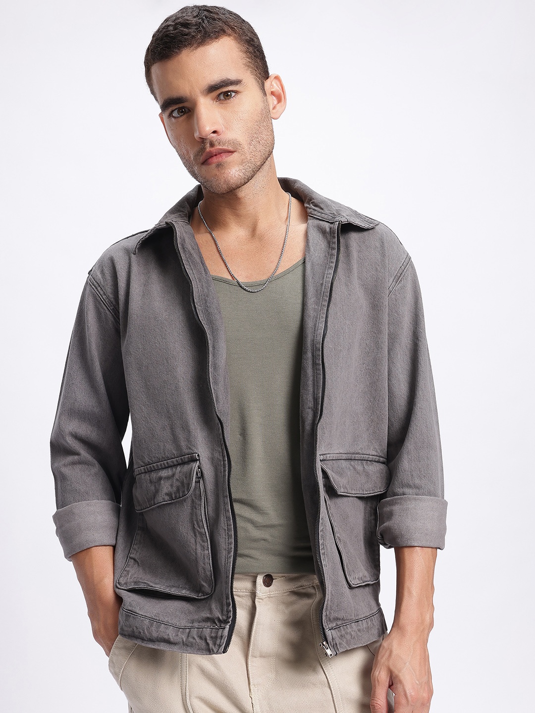 

glitchez Rugged Rage Denim Jacket, Grey