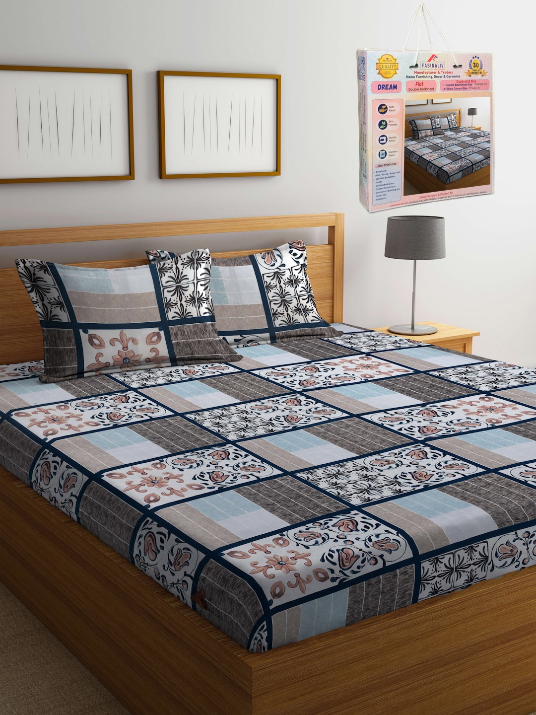 

FABINALIV Blue & Grey Floral Printed 300 TC King Bedsheet Set 2.50 m X 2.25 m