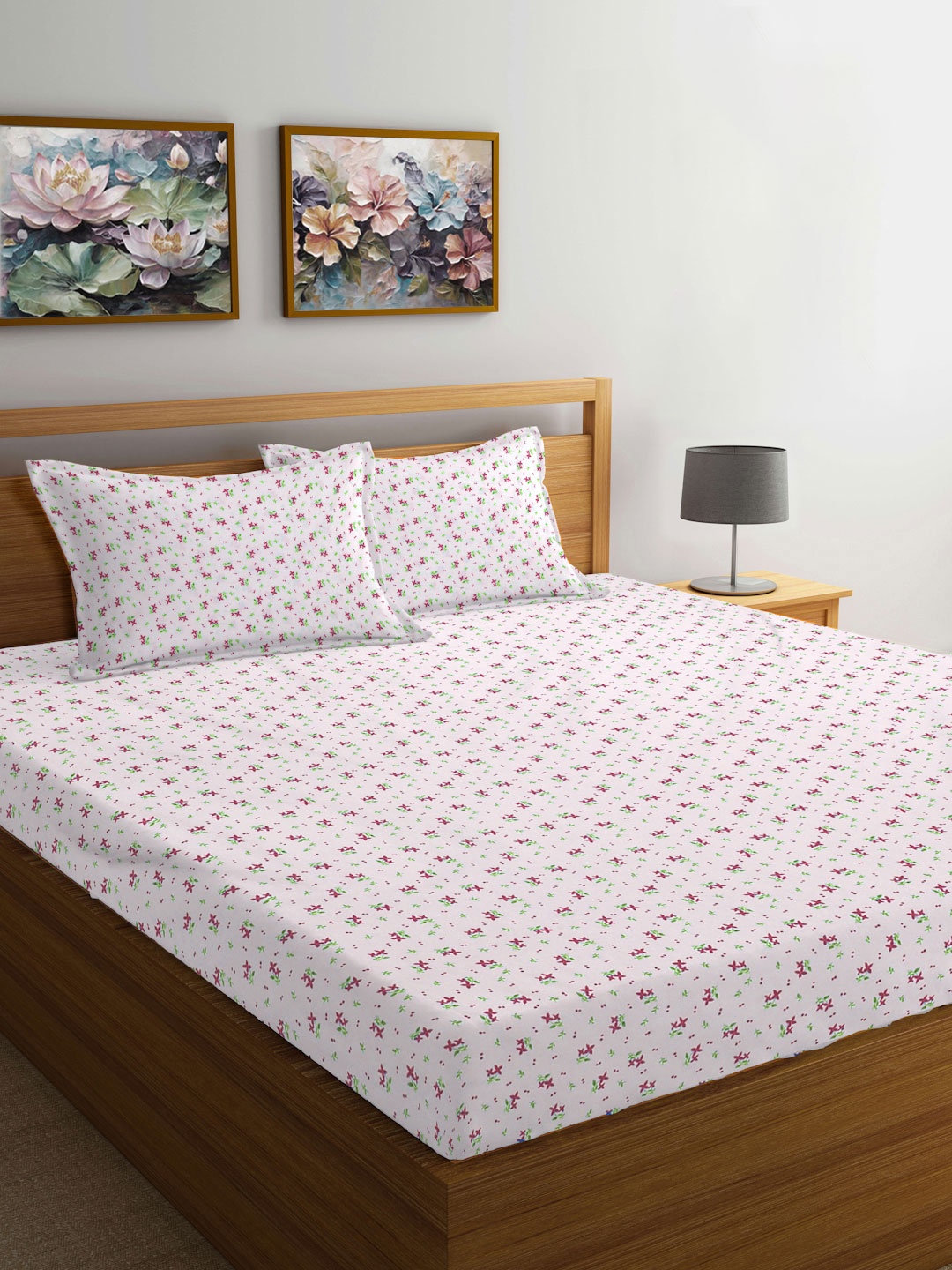 

FABINALIV White & Pink Floral Printed 300 TC King Bedsheet Set 2.50 m X 2.25 m