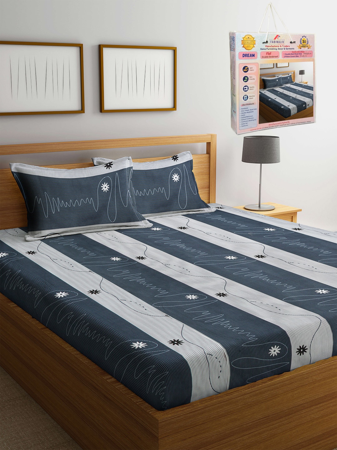 

FABINALIV Blue & White Striped 300 TC King Bedsheet Set 2.50 m X 2.25 m