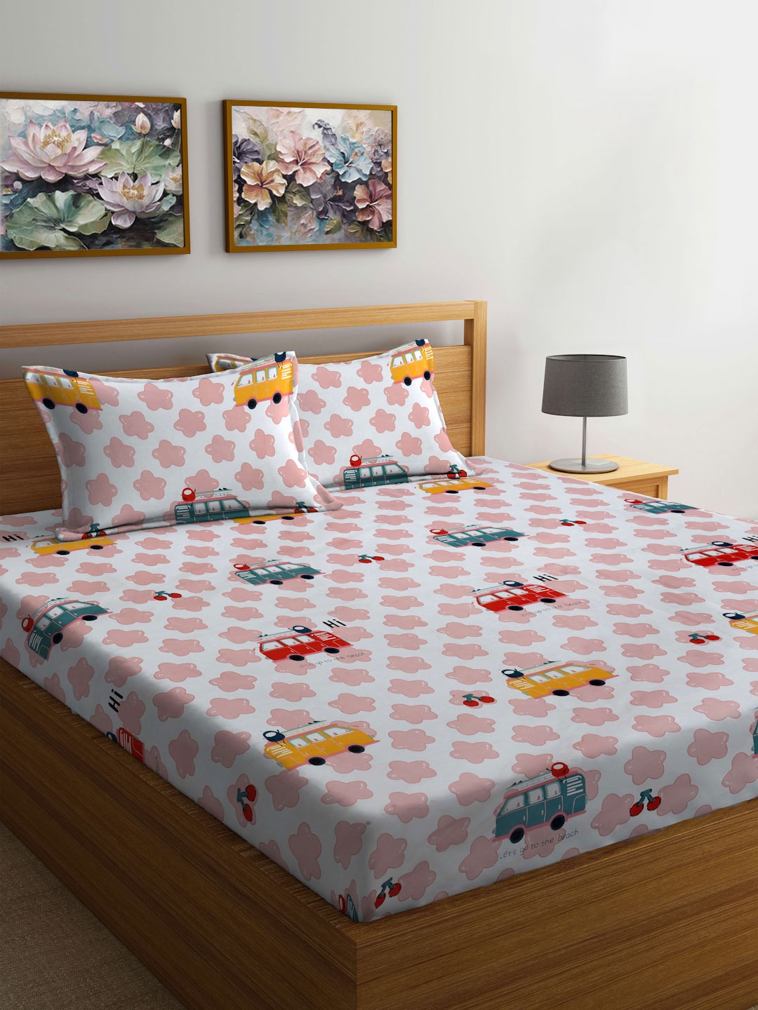 

FABINALIV Pink & White Cartoon Characters Printed 300 TC King Bedsheet Set 2.50 m X 2.25 m