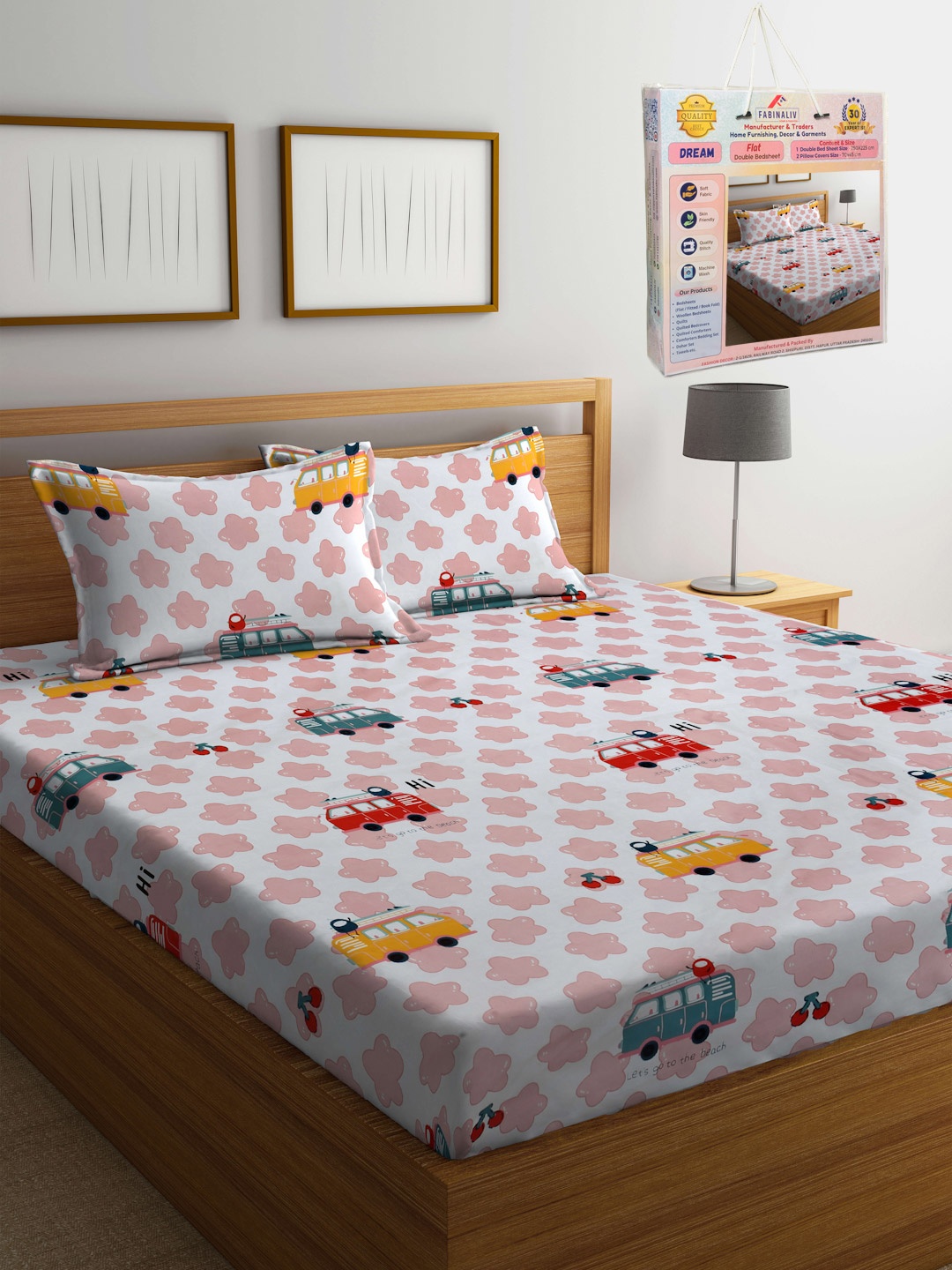 

FABINALIV Pink & White Cartoon Characters Printed 300 TC King Bedsheet Set 2.50 m X 2.25 m