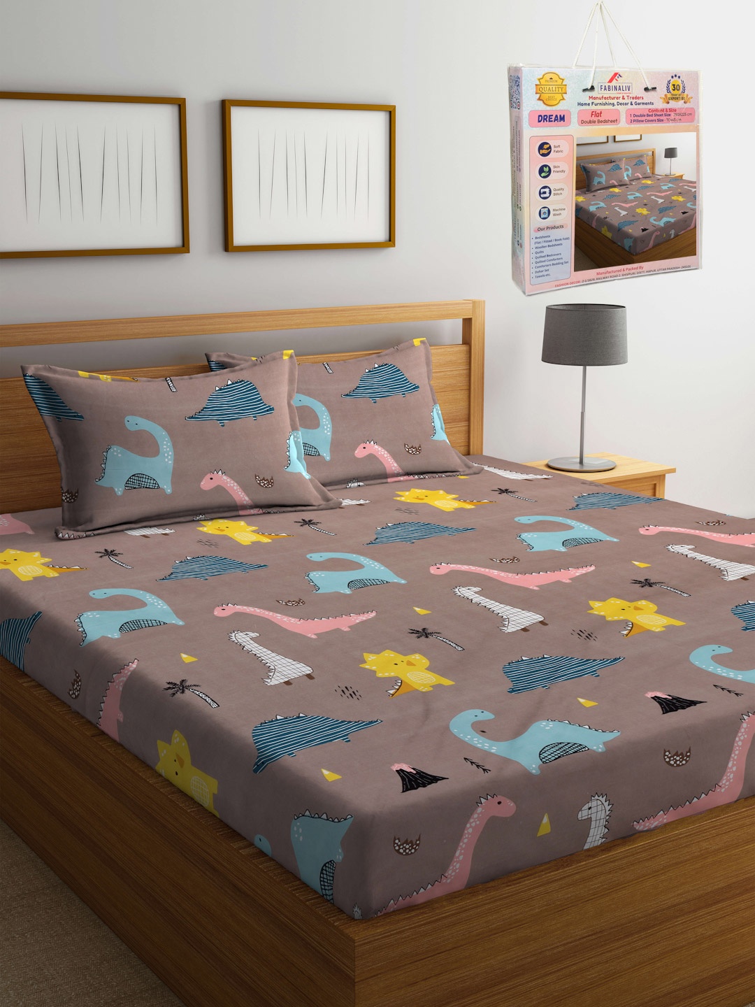 

FABINALIV Brown & Yellow Dinosaurs Printed Cotton 300 TC King Bedsheet Set 2.50 m x 2.25 m
