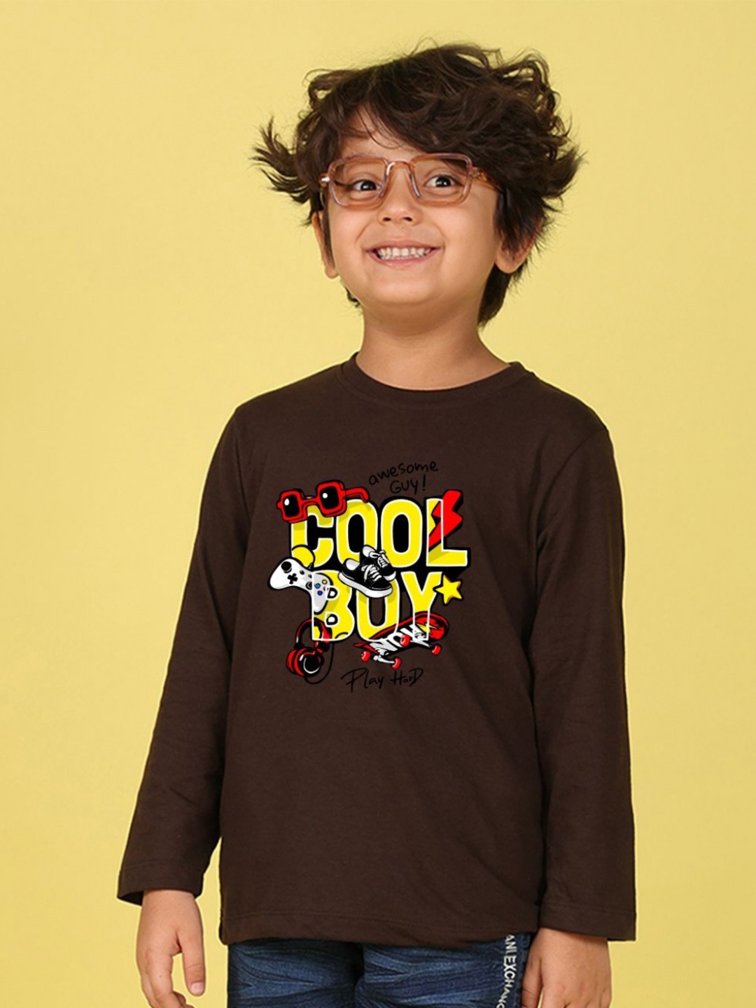 

NUSYL Boys Typography Printed Round Neck Cotton T-shirt, Brown