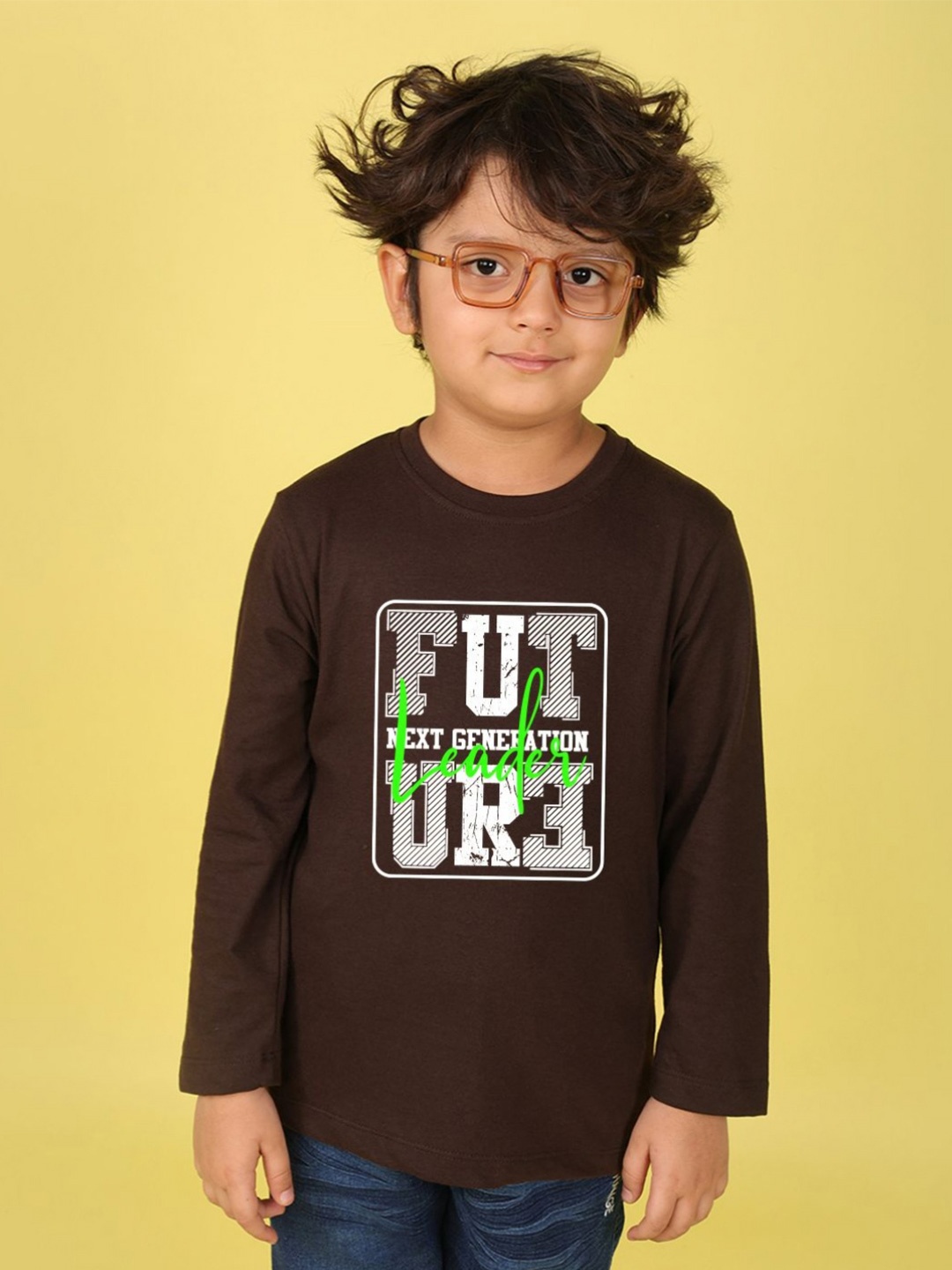 

NUSYL Boys Typography Printed Round Neck Cotton T-shirt, Brown