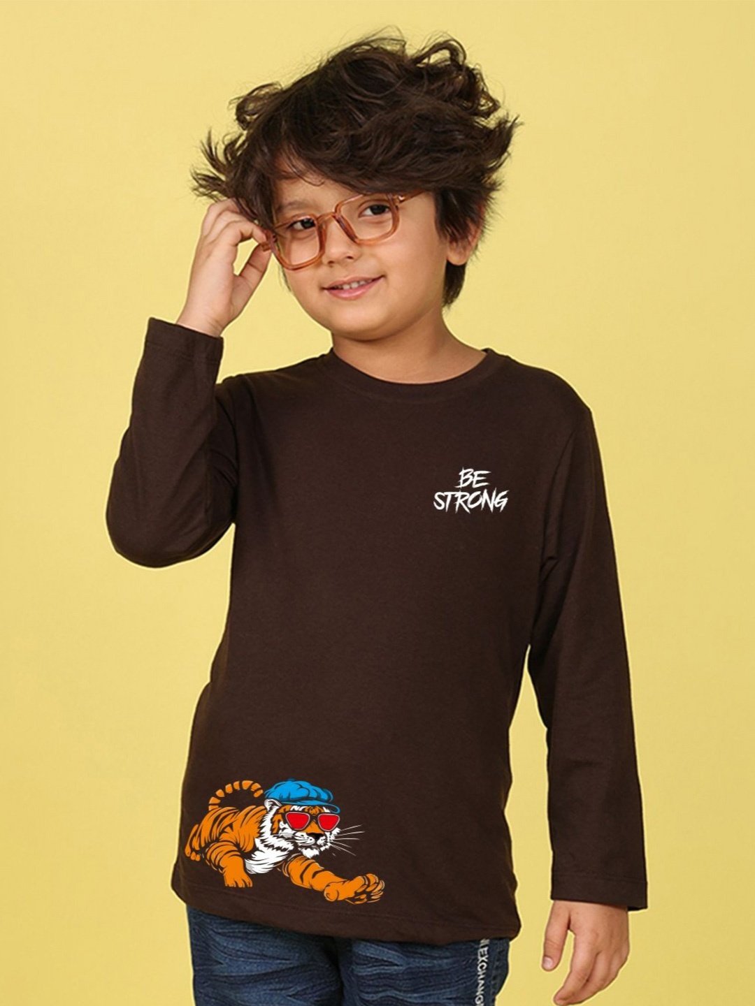 

NUSYL Boys Be Strong Text Printed Round Neck Cotton Casual T-shirt, Brown