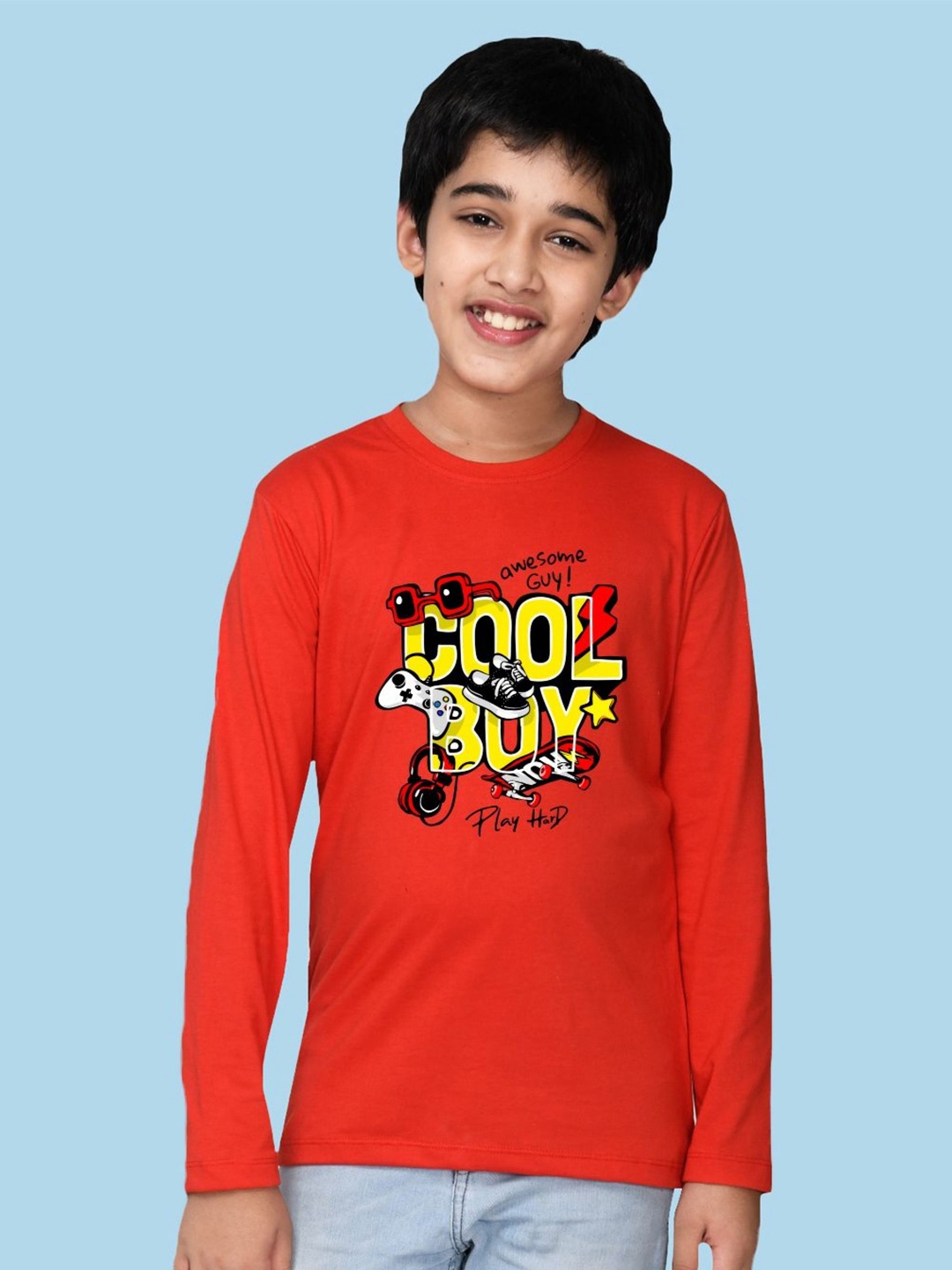 

NUSYL Boys Typography Printed Round Neck Cotton T-shirt, Red