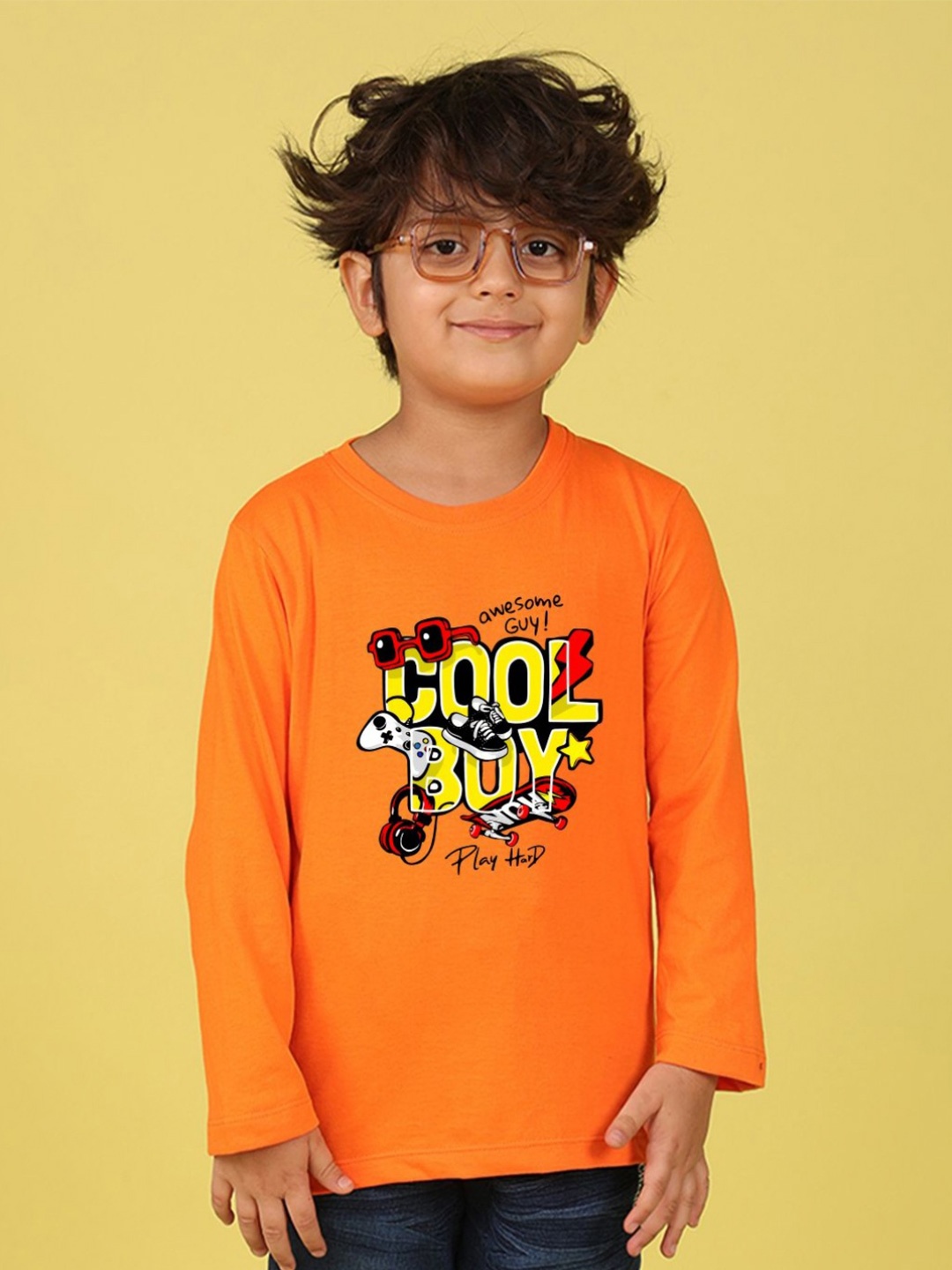 

NUSYL Boys Typography Printed Round Neck Cotton T-shirt, Orange