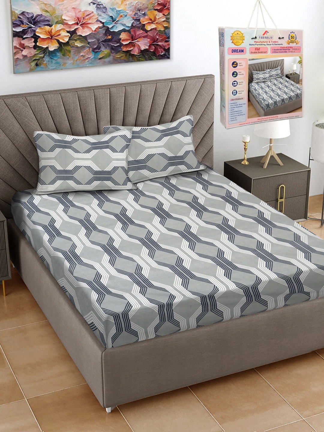 

FABINALIV Grey & White Geometric Printed 300 TC King Bedsheet Set 2.50 m X 2.25 m