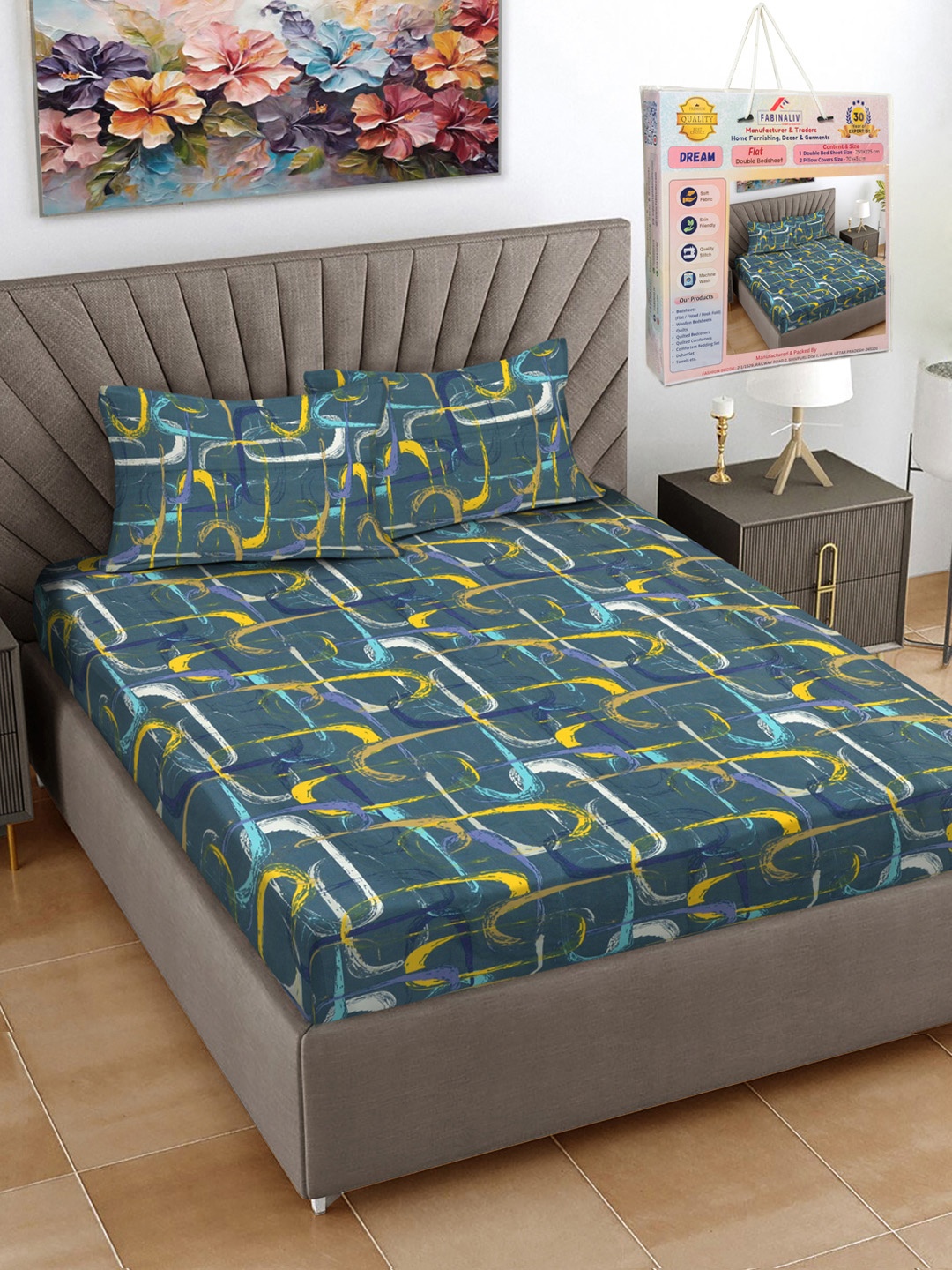 

FABINALIV Teal Green & Yellow Floral 300 TC King Bedsheet Set-2.50 m X 2.25 m