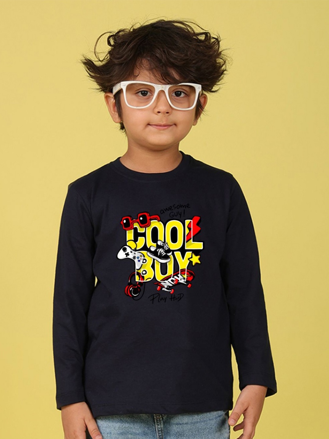 NUSYL Boys Typography Printed Round Neck Cotton T-shirt, Black