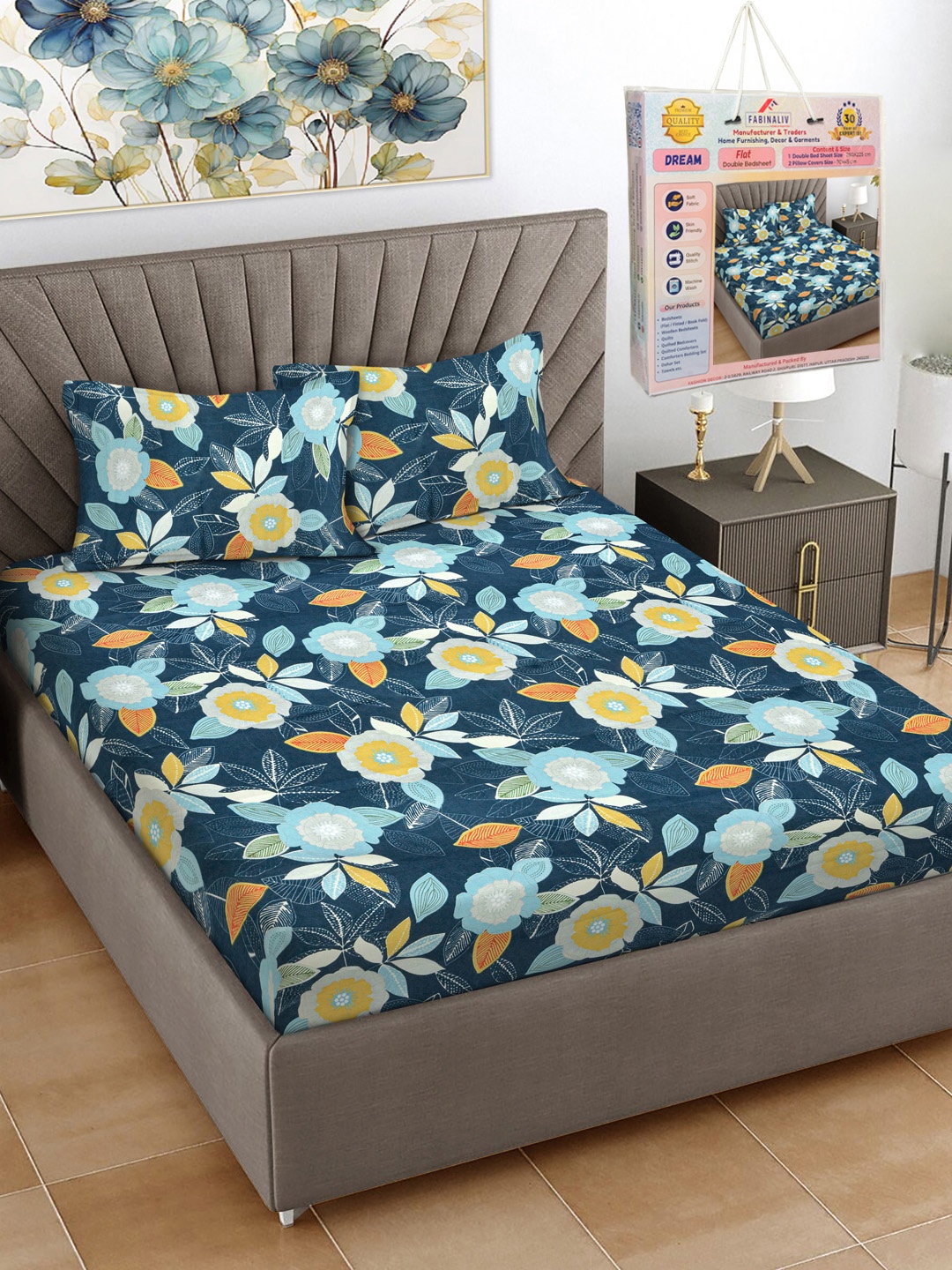 

FABINALIV Blue & Green Floral Printed 300 TC King Bedsheet Set 2.50 m X 2.25 m