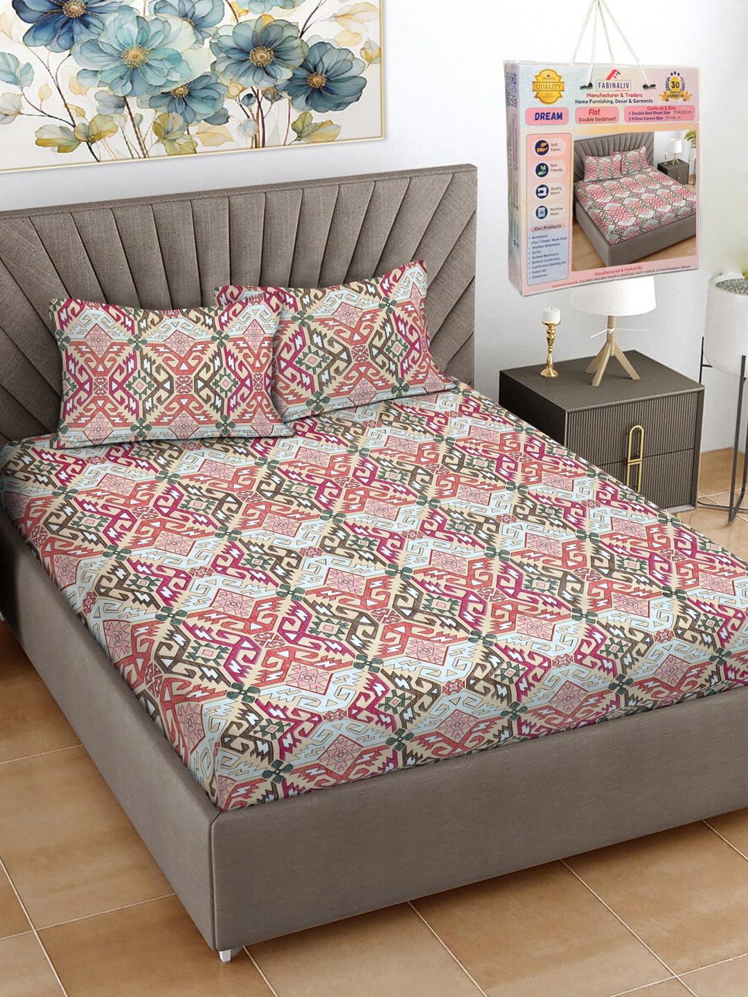 

FABINALIV White & Red Floral Printed 300 TC King Bedsheet Set 2.50 m X 2.25 m