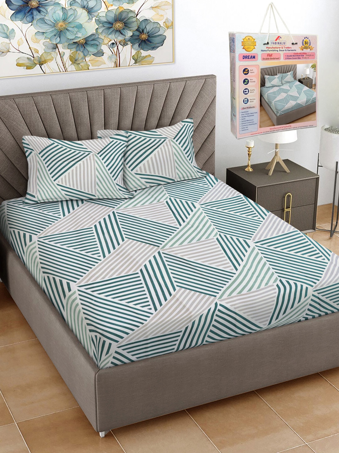 

FABINALIV Green & White Geometric Printed 300 TC King Bedsheet Set 2.50 m X 2.25 m