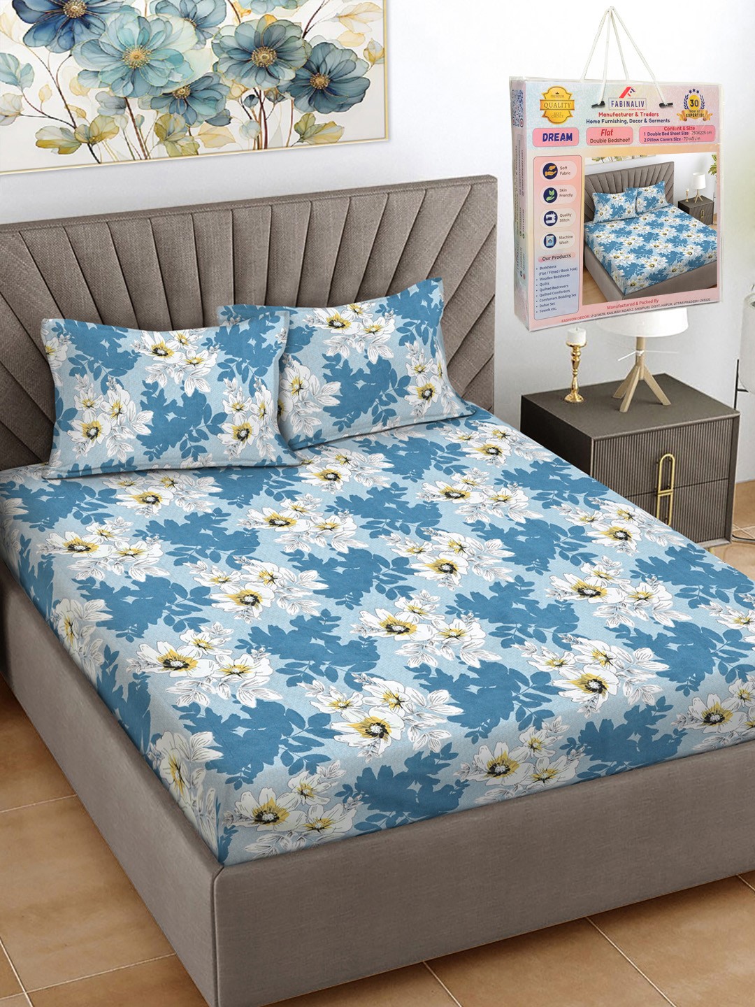 

FABINALIV Blue & White Floral 300 TC King Bedsheet Set-2.50 m X 2.25 m