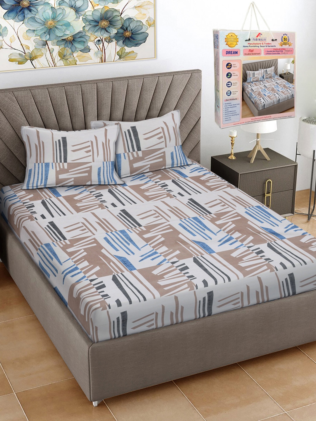 

FABINALIV White & Brown 300 TC Cotton King Bedsheet Set-2.50 m X 2.25 m