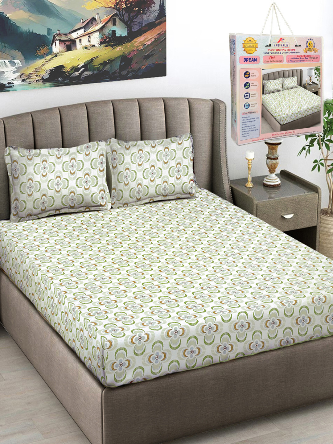 

FABINALIV Green & White Floral 300 TC King Bedsheet Set-2.50 m X 2.25 m