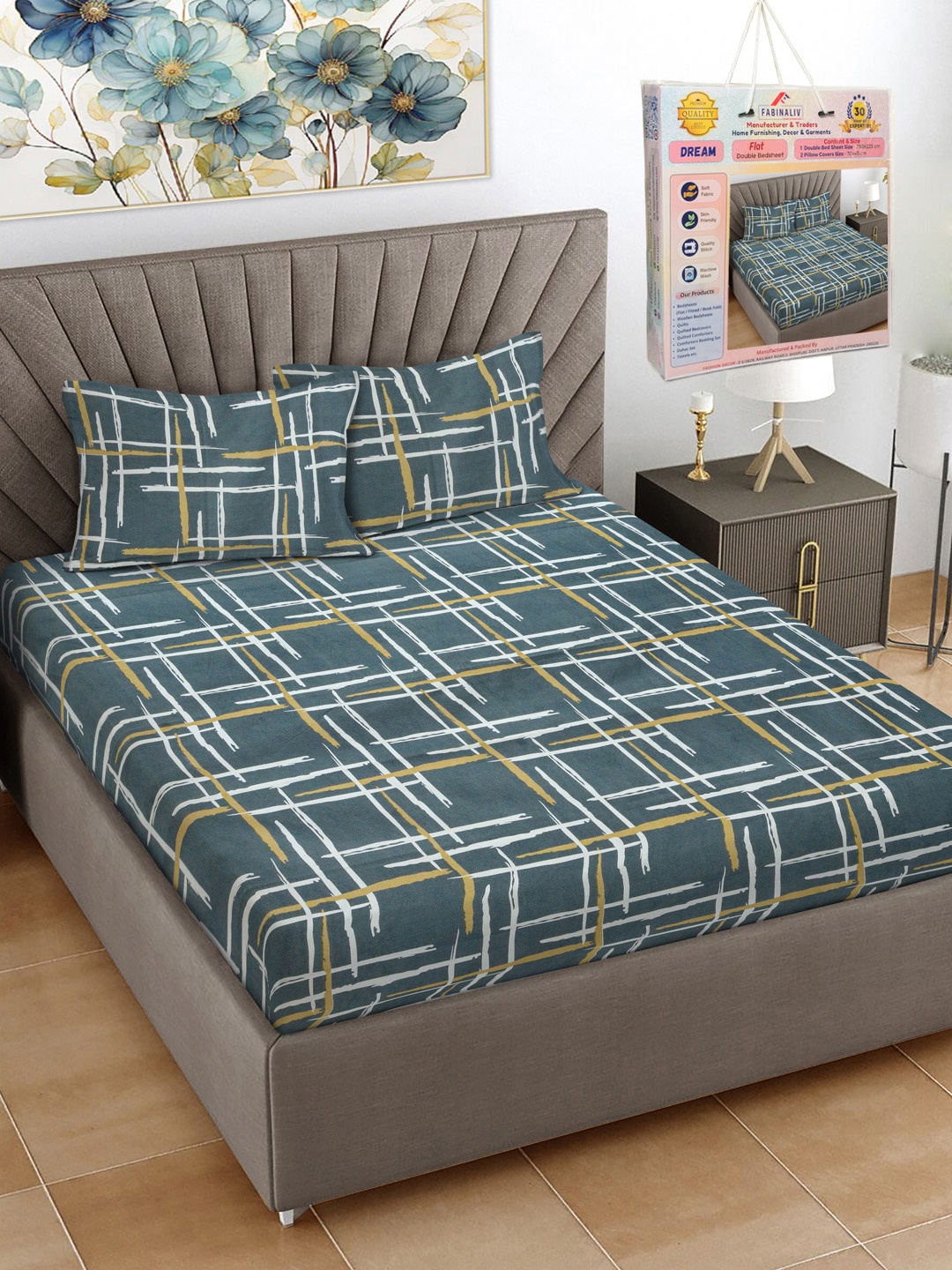 

FABINALIV Blue & White Geometric 300 TC King Bedsheet Set-2.50 m X 2.25 m