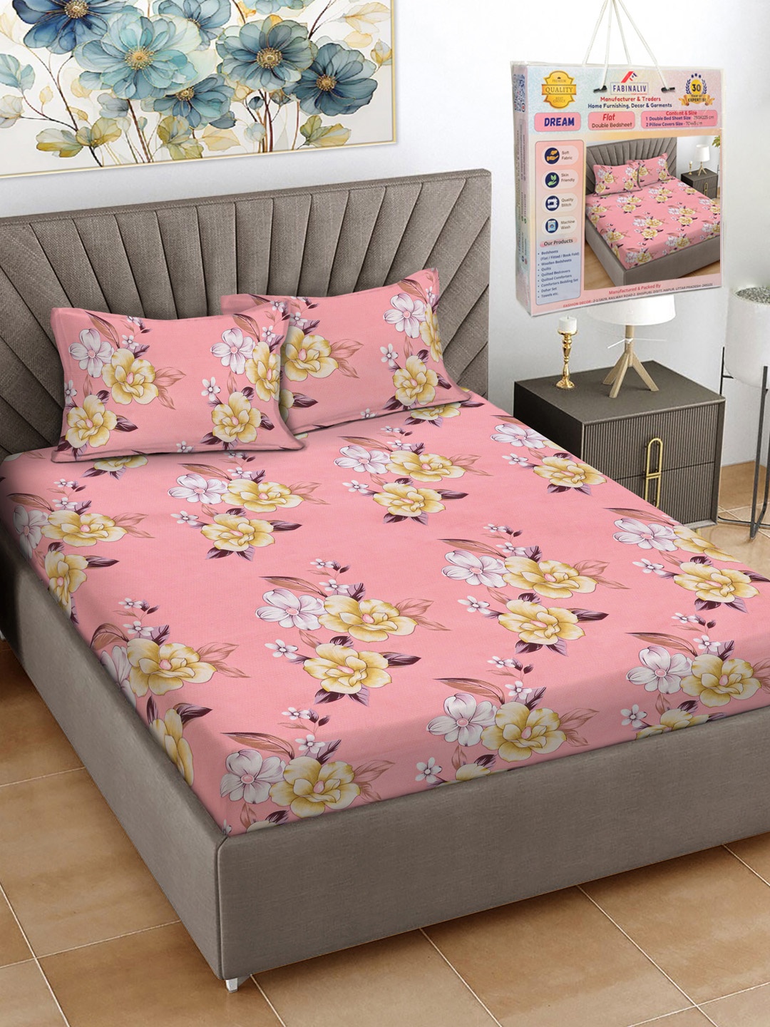 

FABINALIV Pink & Yellow Floral Printed 300 TC King Bedsheet Set 2.50 m X 2.25 m