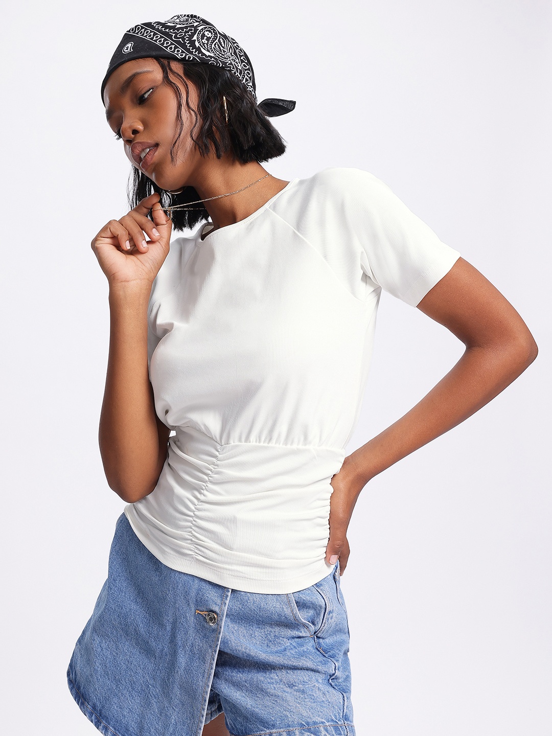 

glitchez Effortlessly Ruched Ribbed Cinched Waist Top, White