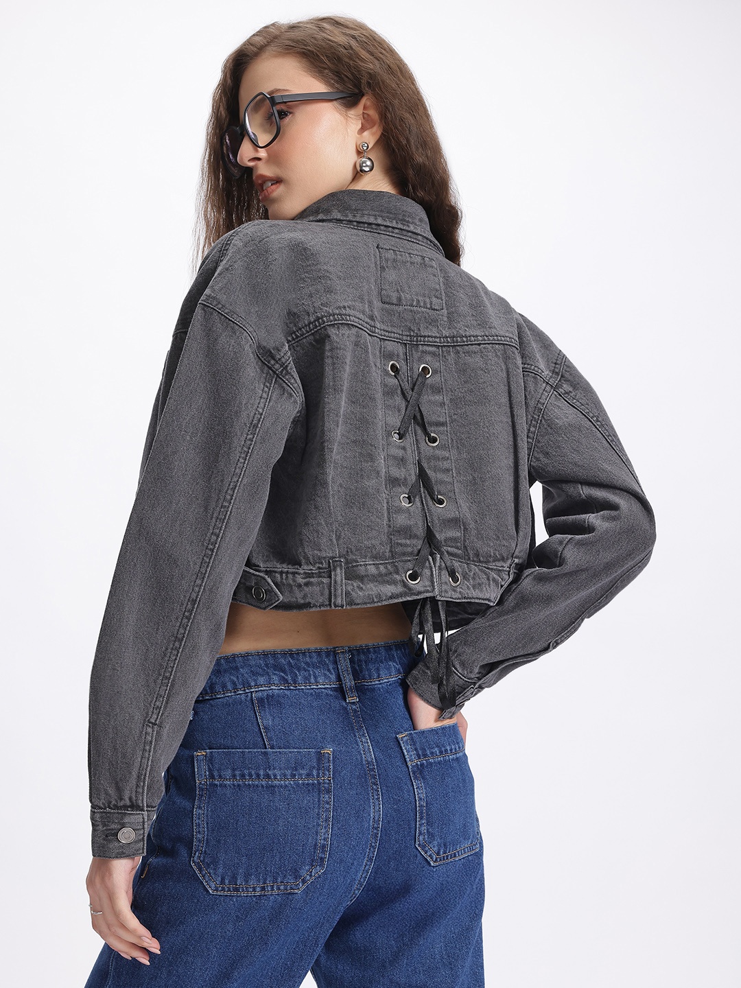 

glitchez Back to Denim Lace-Up Back Crop Jacket, Charcoal