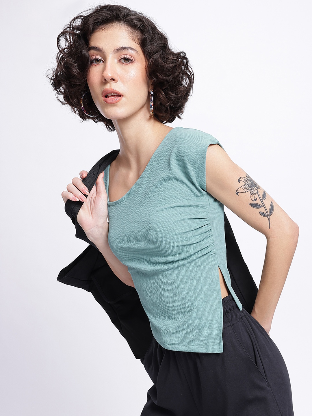 

glitchez Asymmetric Allure Slit-Detail Ruched Top, Green