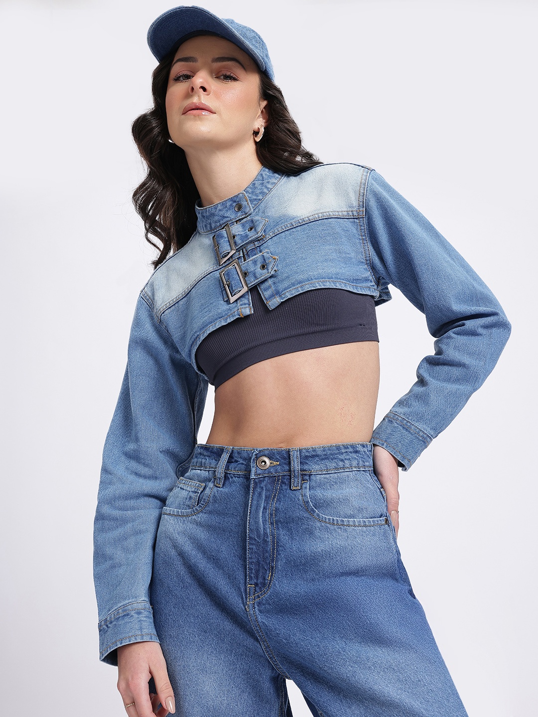 

glitchez Y2K Revival Buckle Fastening Denim Crop Jacket, Blue