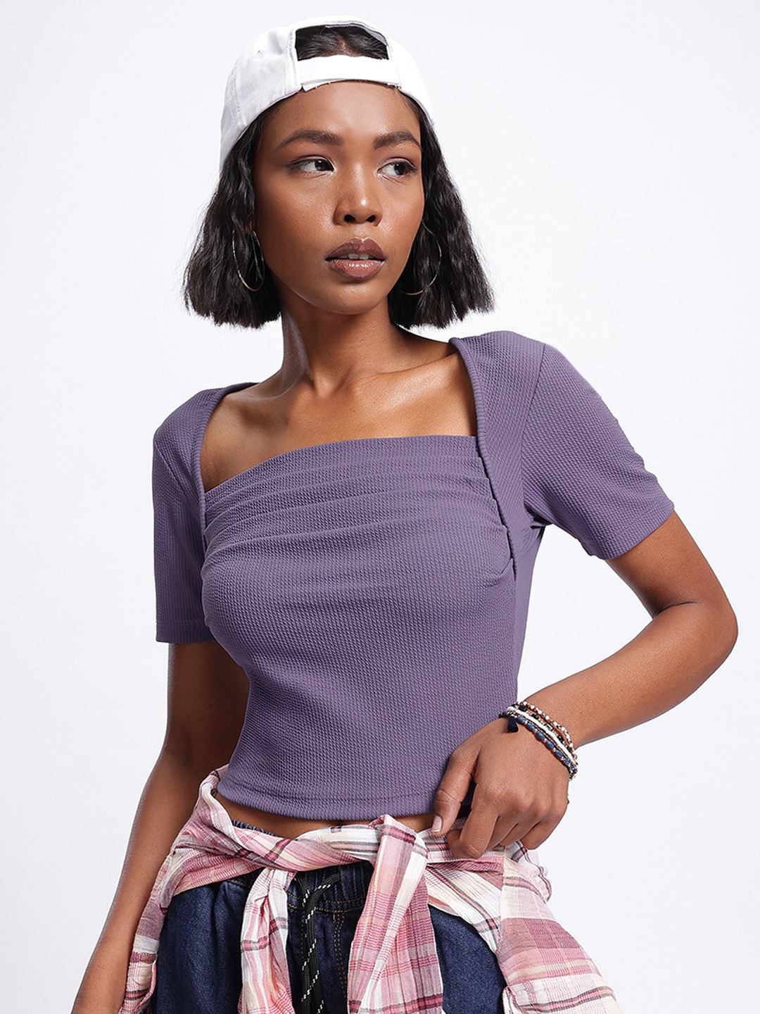 

glitchez Ribbed Reverie Textured Pleated Crop Top, Purple