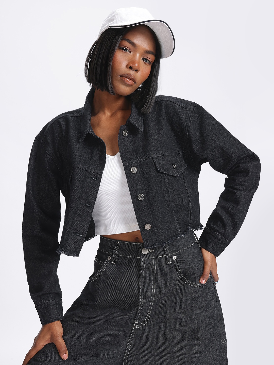 

glitchez Edgy Denim Frayed Hem Boxy Crop Jacket, Black