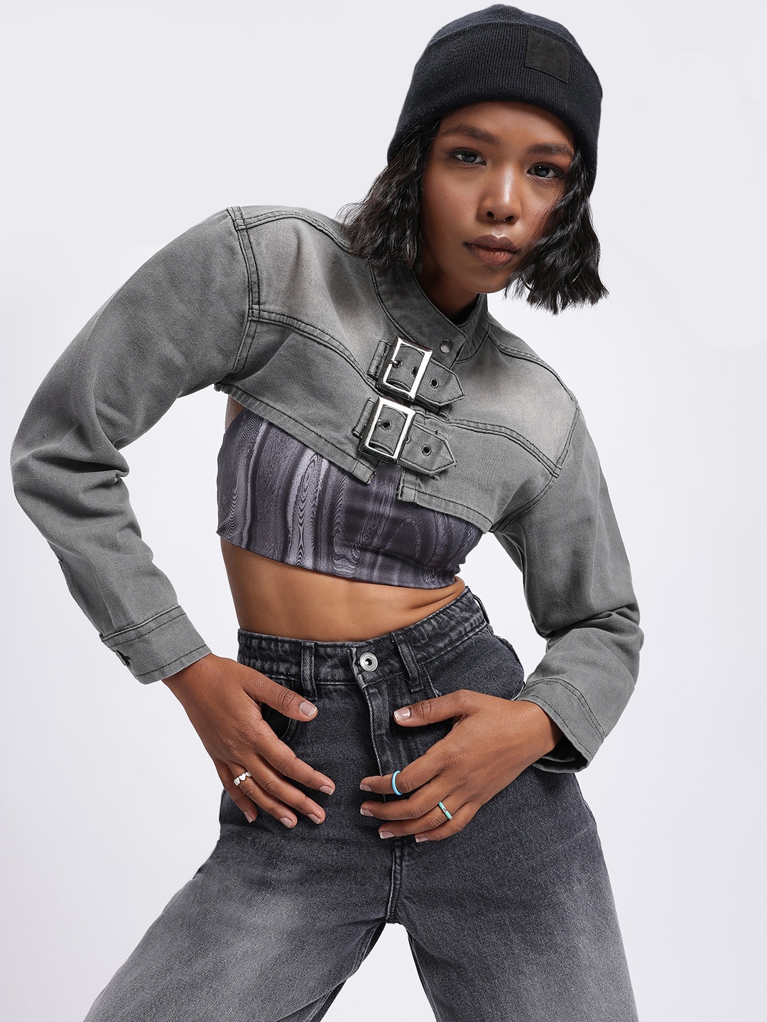

glitchez Buckle-Up Denim Crop Jacket, Grey
