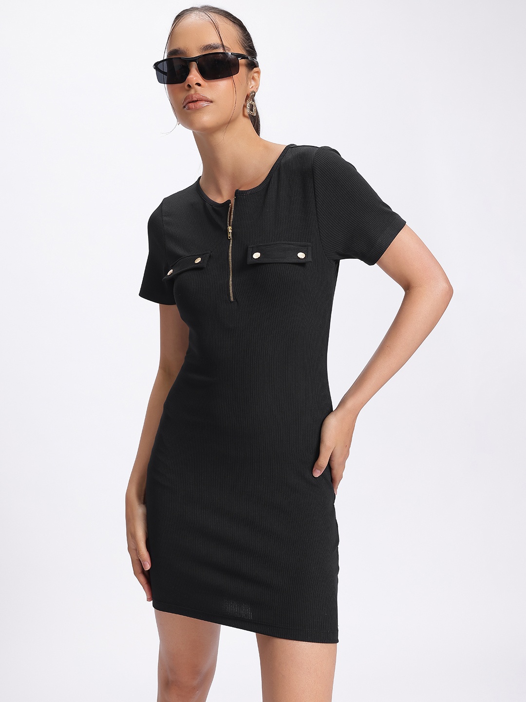 

glitchez Midnight Muse Ribbed Mini Bodycon Dress, Black