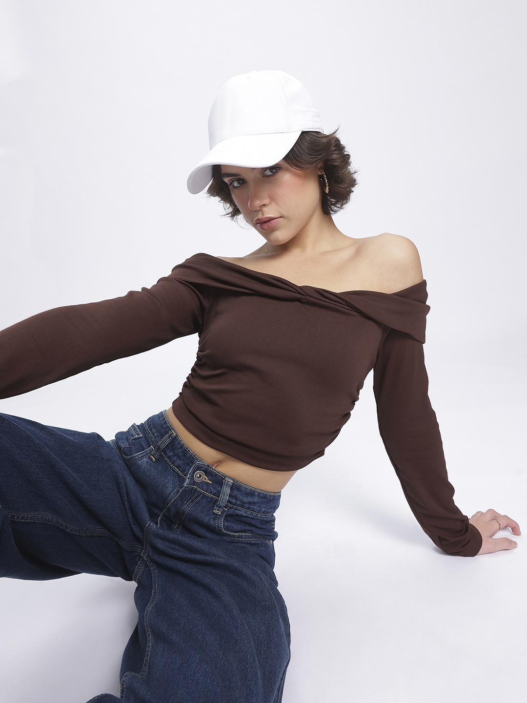 

glitchez Statement Ruched Ribbed Bardot Crop Top, Brown