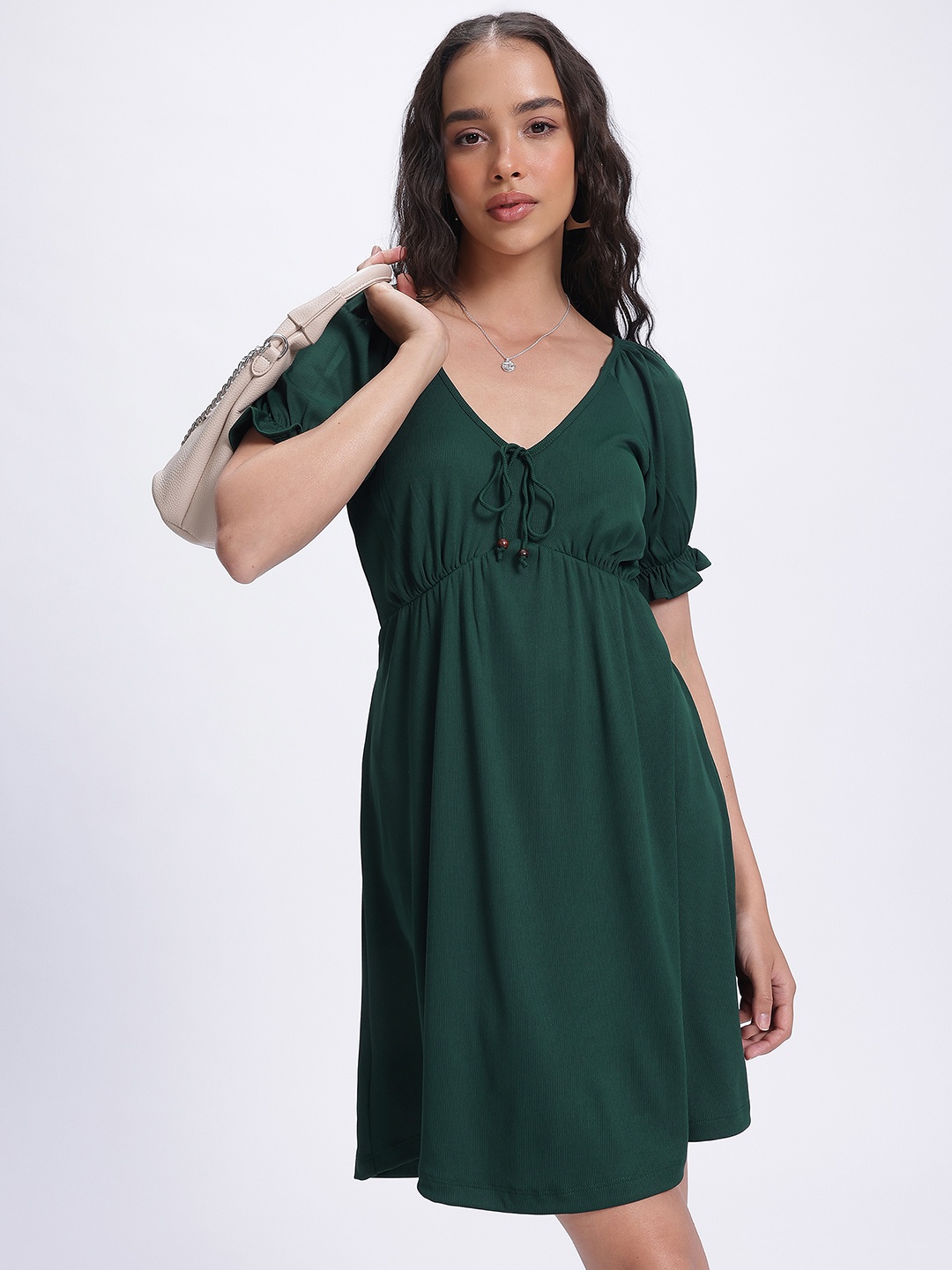 

glitchez Chic Ribs Tie-Up Detail Puff Sleeves Fit & Flare Dress, Green