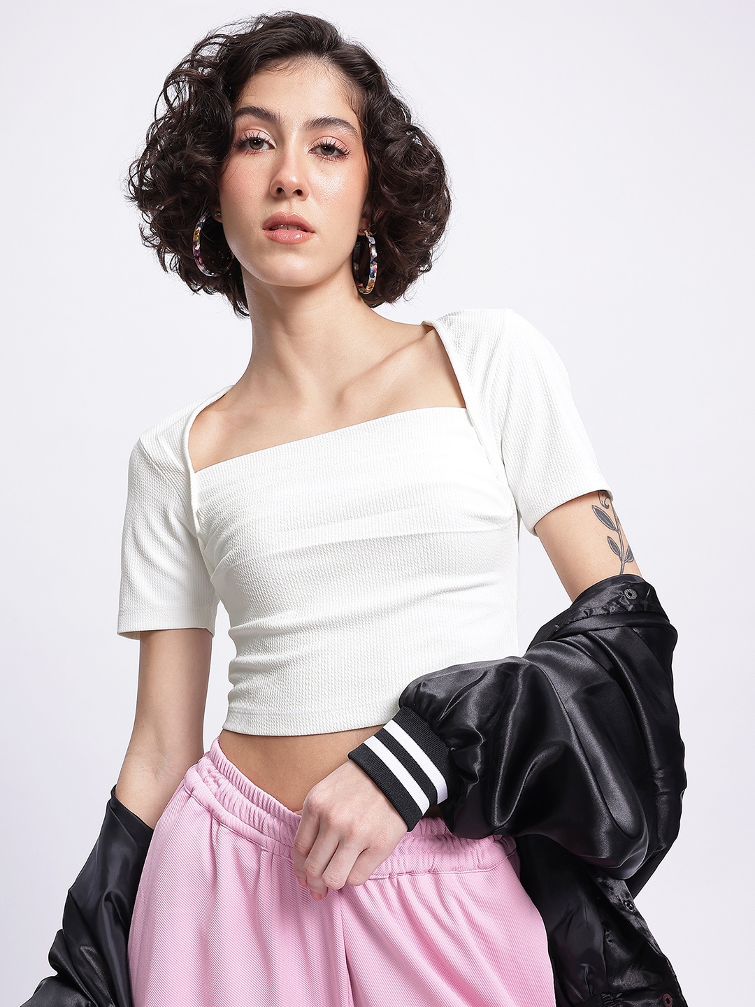 glitchez Pleated Perfection Textured Ribbed Crop Top, White