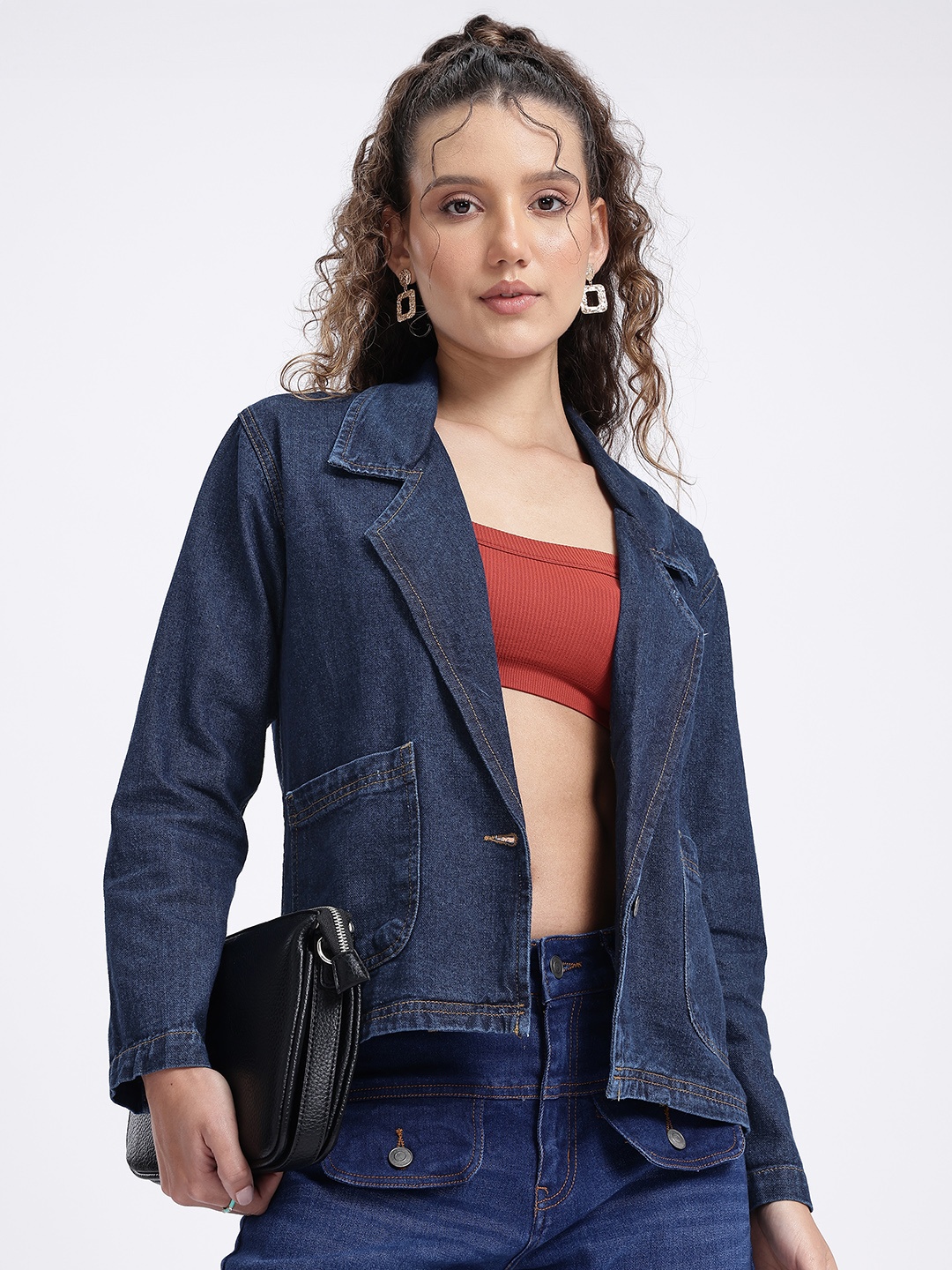 

glitchez Denim Edge Notched Lapel Jacket, Navy blue