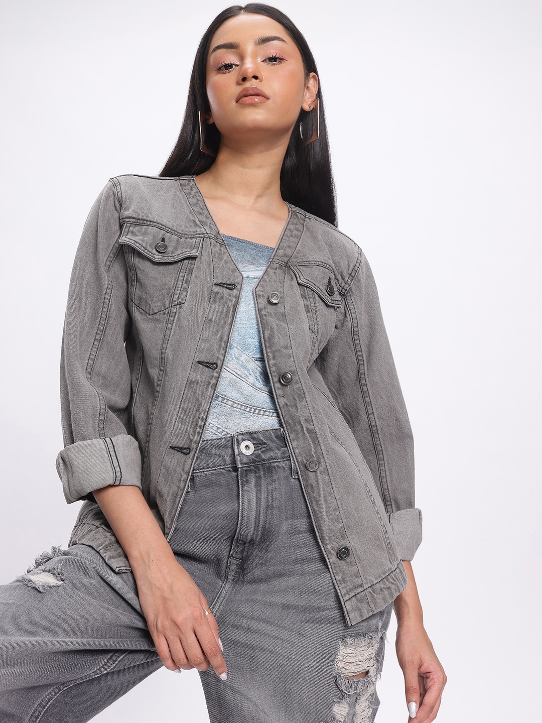 

glitchez Layering Essentials Denim V-Neck Jacket, Grey