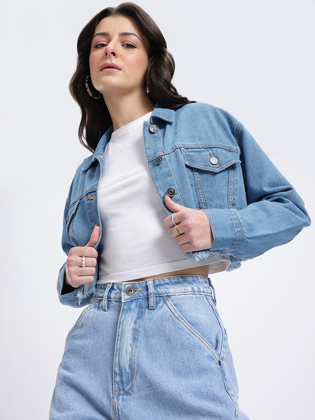 

glitchez Frayed Slay Crop Denim Jacket, Blue
