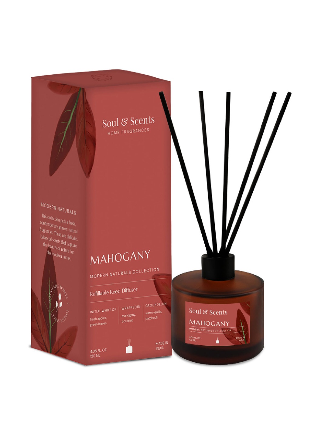 

SOUL & SCENTS Mahogany Fragrance Reed Diffuser With 6 Pieces Reed Sticks 120 ml, Maroon