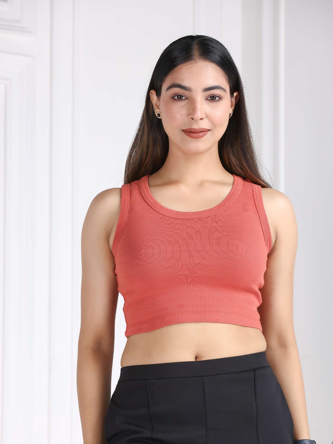 

Mlada Round Neck Regular Fit Sleeveless Cotton Ribbed Top, Rust