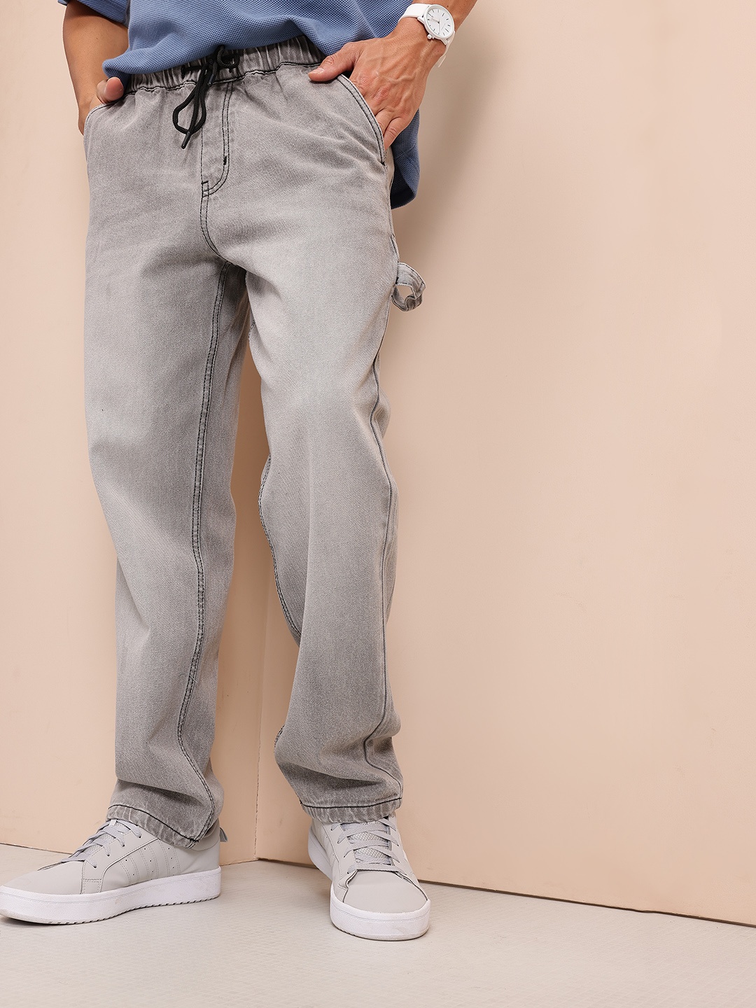 

Mast & Harbour Men Straight Fit Light Fade Pure Cotton Jeans, Grey