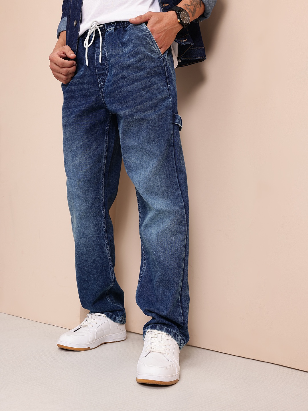

Mast & Harbour Men Straight Fit Light Fade Pure Cotton Jeans, Navy blue
