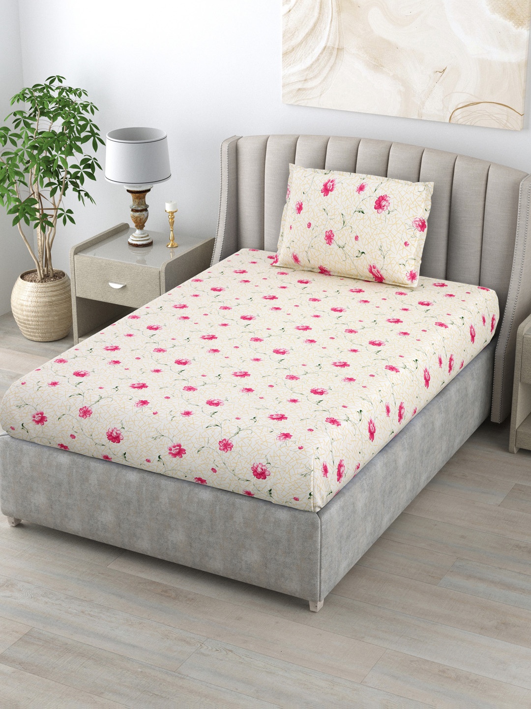 

BOMBAY DYEING Dream Lover Pink Floral Cotton 104 TC Single Bedsheet Set 1.40 m x 2.24 m