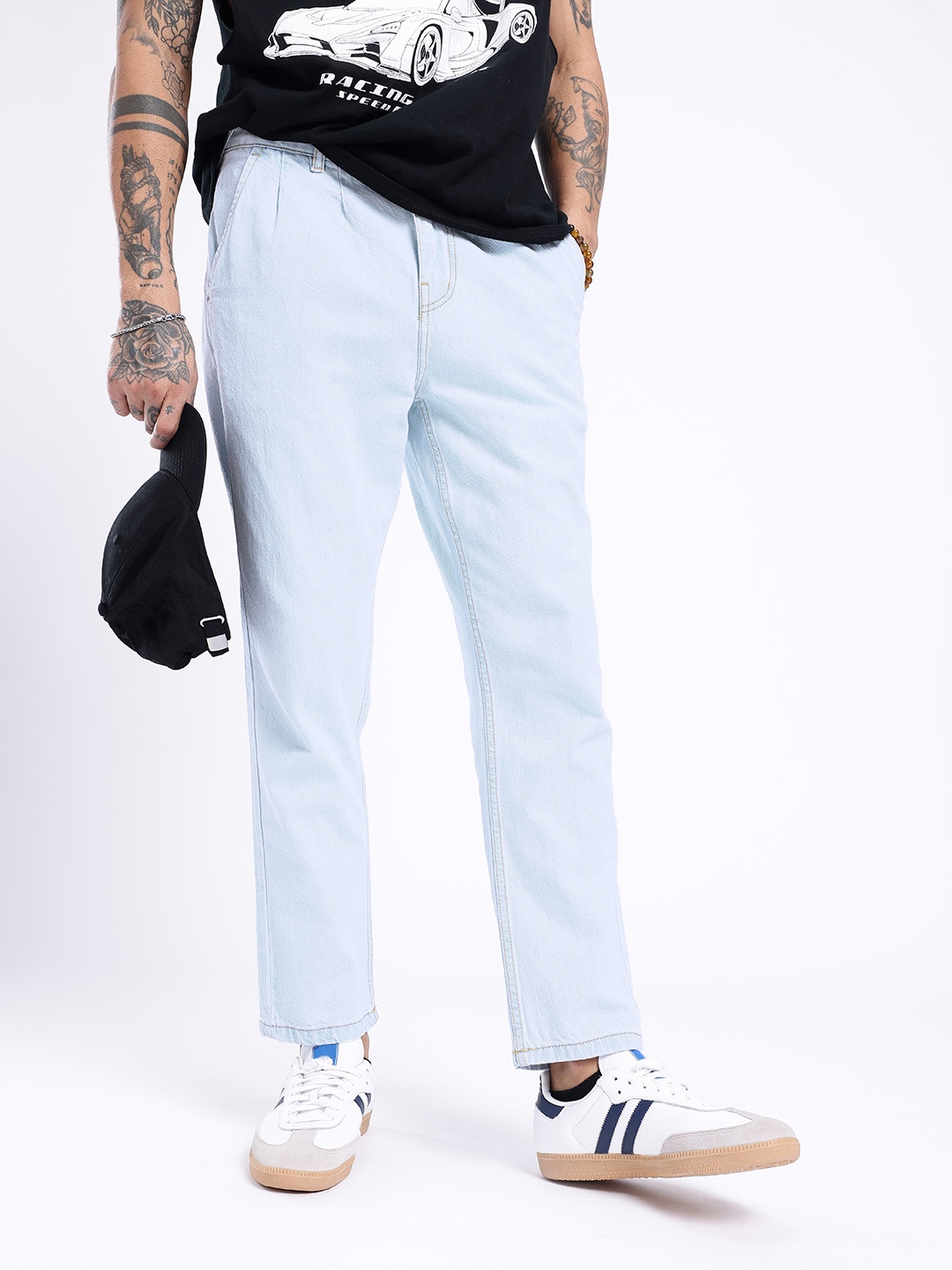 

glitchez Men Classic Vibes Light Fade Carpenter Pleated Jeans, Blue